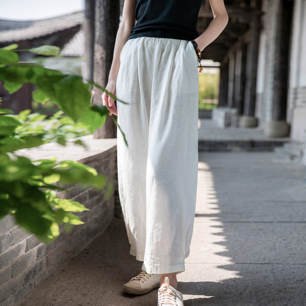 2022 Summer NEW! Women Simple Causal Lantern Style Sand Washed Linen and Cotton Cropped Pants