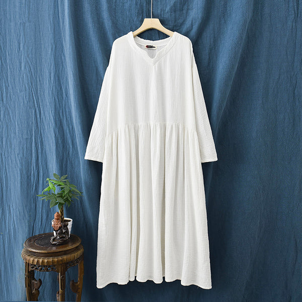 Women Loose Style Wrinkled Linen and Cotton Long Sleeve Dress