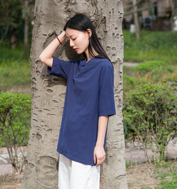 Women Asian Style Linen and Cotton Middle Sleeves Chinese Blouse