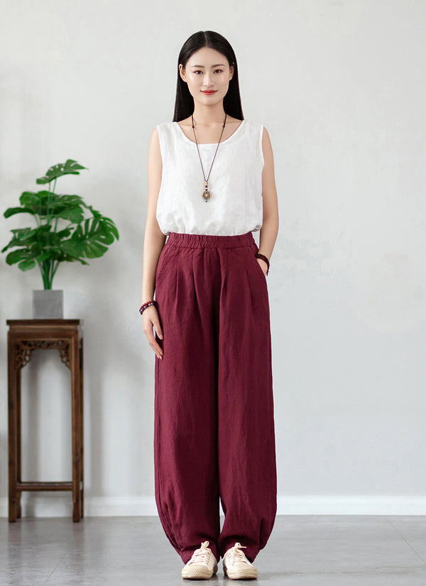 2022 Summer NEW! Women Simple Causal Lantern Style Sand Washed Linen and Cotton Pants