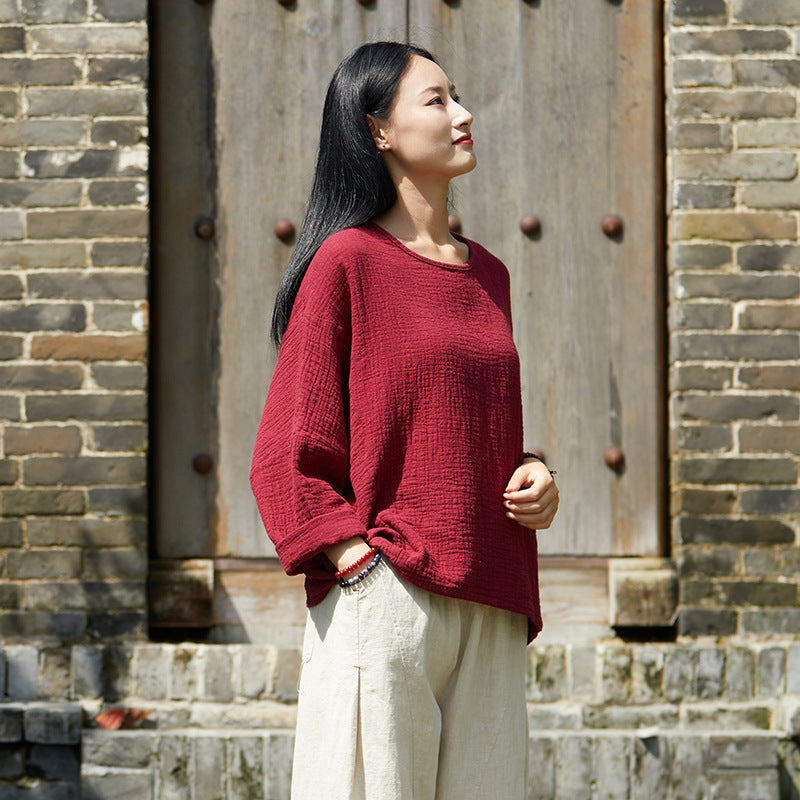 Autumn NEW! Women Simple Loose Style Linen and Cotton Pure Color Round Neck T-Shirt