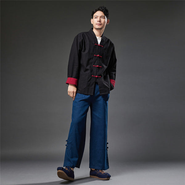 2021 Autumn NEW! Men Retro Style Linen and Cotton Drawstring Wide Leg Cropped Pants