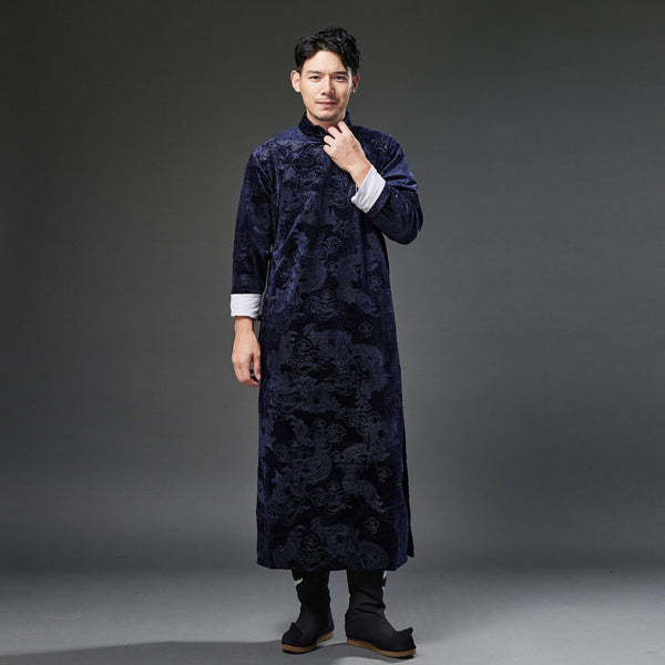 2021 Winter NEW! Men Classic Chinese Style Linen Long Sleeve Dragon Printed KungFu Cheongsam