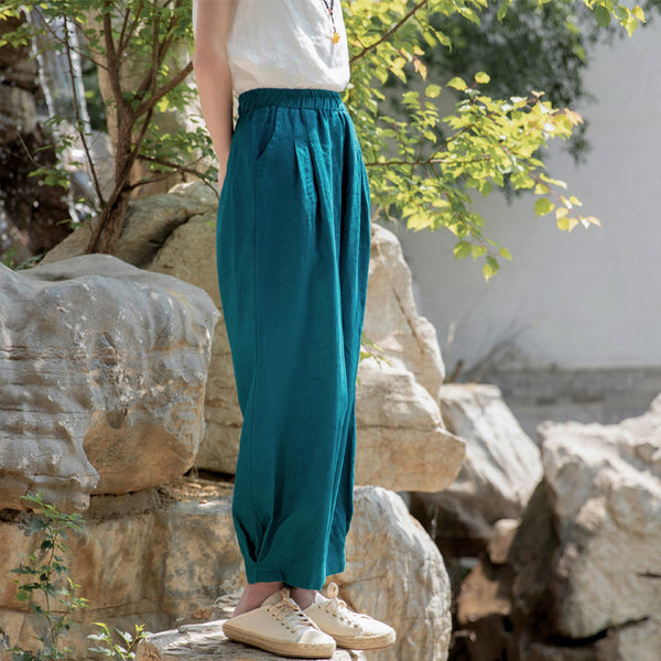 2022 Summer NEW! Women Simple Causal Lantern Style Sand Washed Linen and Cotton Cropped Pants