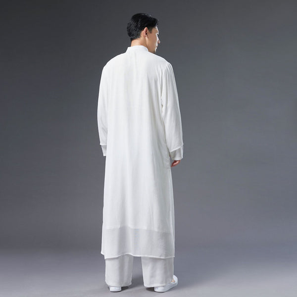 Men Classic Asian Style Linen Long Sleeve Round Collar Pure Color Cheongsam