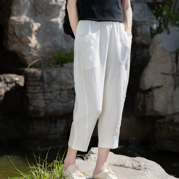 2022 Summer NEW! Women Retro Style Sand Washed Linen and Cotton Font Pocket Pegged Pants