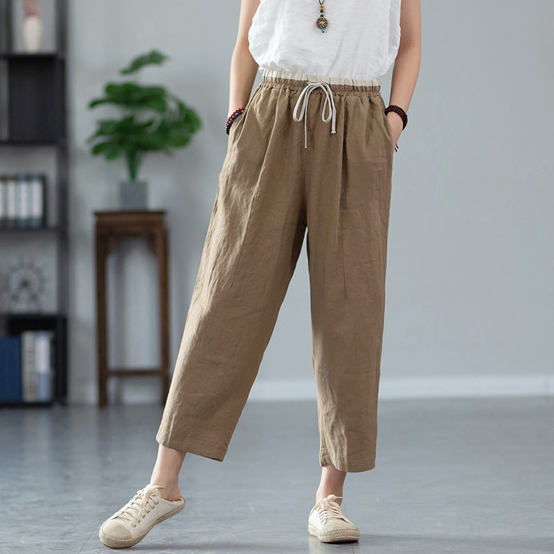 Summer NEW! Women Retro Style Linen and Cotton Waist Belt Cropped Pegged Pants