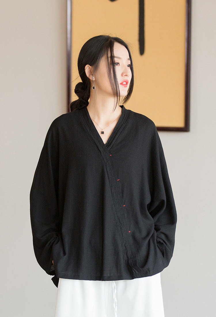Summer NEW! Women Chinese Style Linen and Cotton V-necked Loose Mid Sleeve T-Shirt