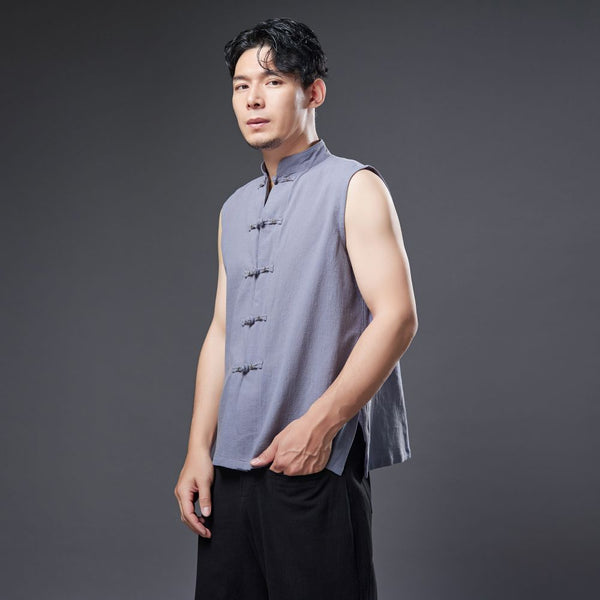 2022 Summer NEW! Men Ethnic Style Linen and Cotton Middle Buckle Vest