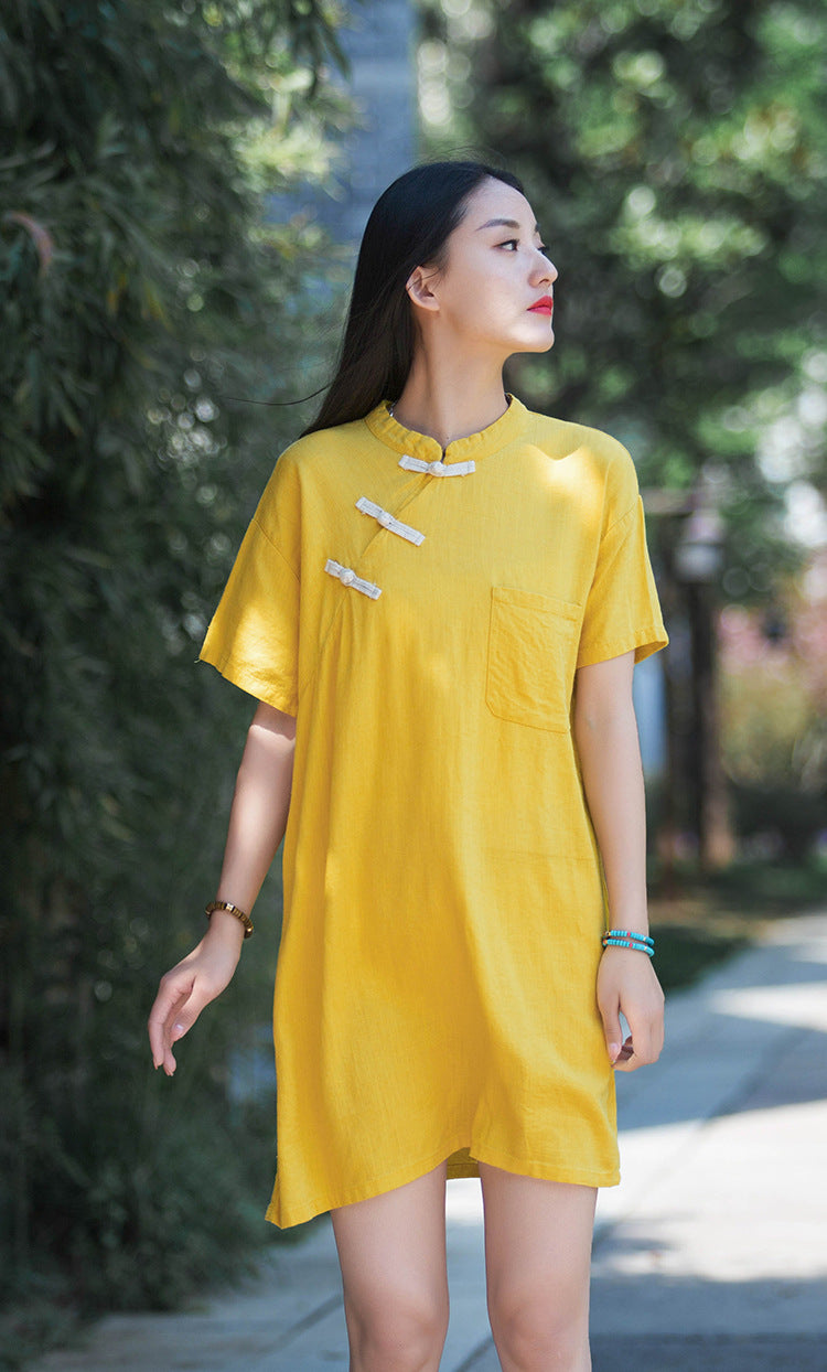 asian cotton dresses Women Asian Arts Retro Style Loose Cotton and Linen Dress Green