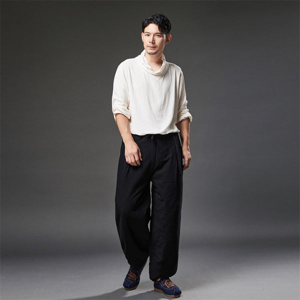 2021 Autumn NEW! Men Retro Style Linen and Cotton Loose Quilted Drawstring Pants