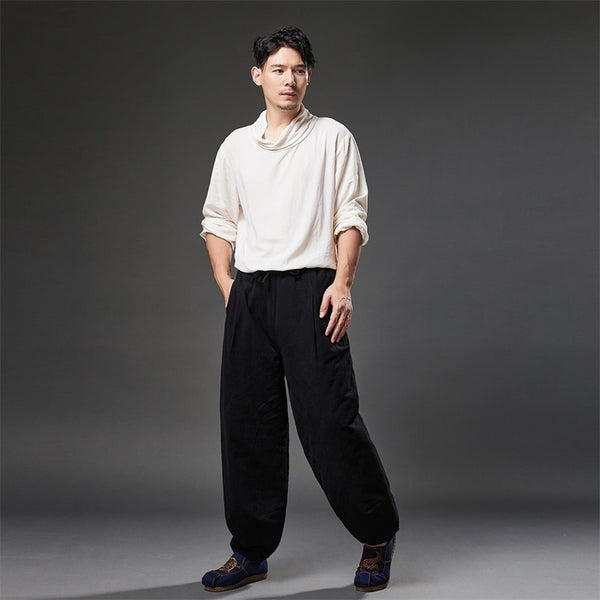 2021 Autumn NEW! Men Retro Style Linen and Cotton Loose Quilted Drawstring Pants