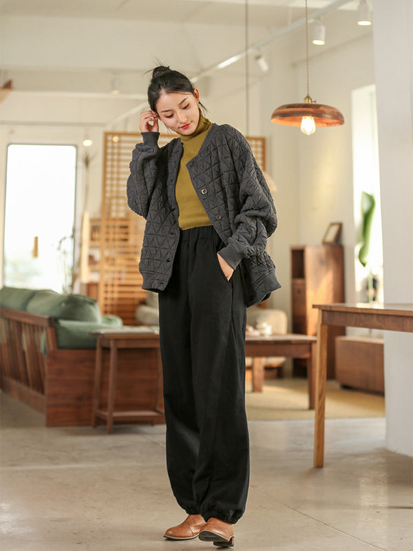 2021 Winter NEW! Women Sand-Washed Linen and Cotton Loose Lantern Quilted Pants