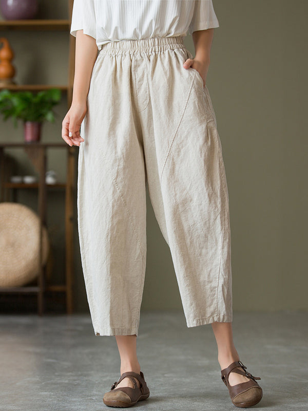 2021 Autumn NEW! Women Lantern Style Linen and Cotton Causal Loose Patchwork Cropped Capris