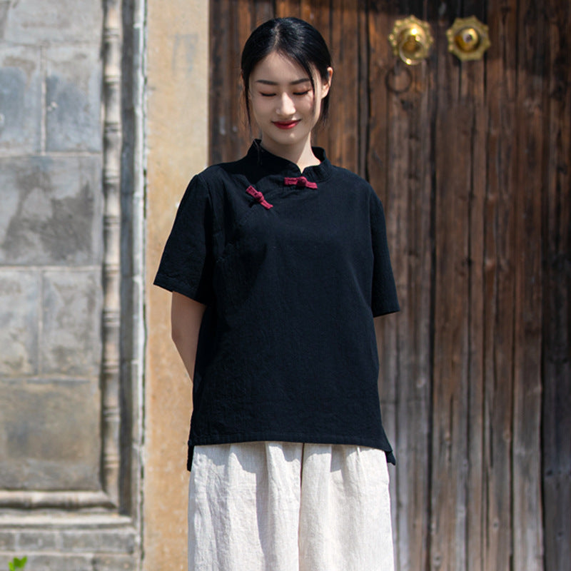 Summer NEW! Women Eastern Ethnic Style Wrinkled Linen and Cotton Short Sleeves Shirt