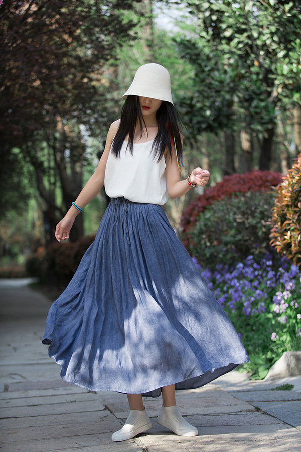 Women Simple Linen and Cotton Loose Accordion Skirt