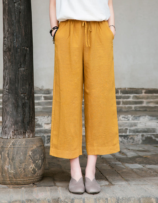 Women Casual Style Linen and Cotton Lantern Cropped Wide Leg Pants