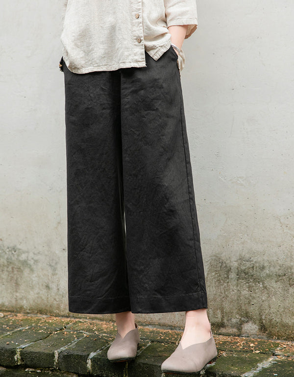 Women Casual Style Linen and Cotton Lantern Cropped Wide Leg Pants