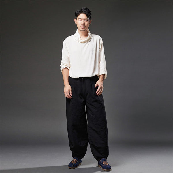 2021 Autumn NEW! Men Retro Style Linen and Cotton Loose Quilted Drawstring Pants