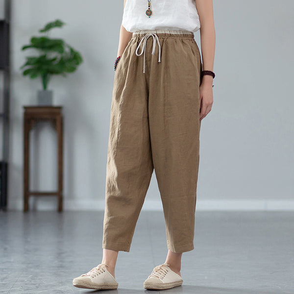 2022 Summer NEW! Women Retro Style Linen and Cotton Waist Belt Cropped Pegged Pants