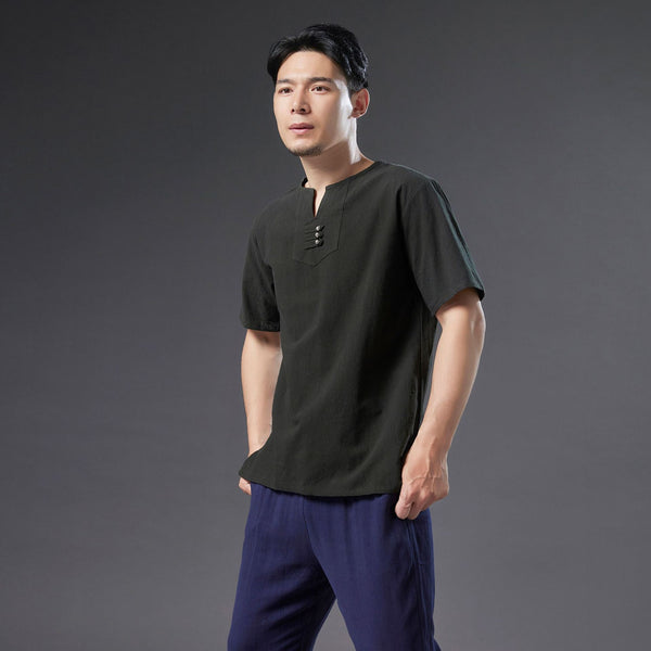 Men Causal Round Neck Style Linen and Cotton Short Sleeve Tops
