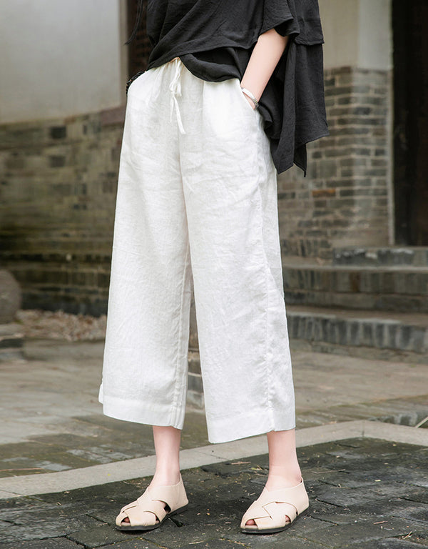 Women Casual Style Linen and Cotton Lantern Cropped Wide Leg Pants