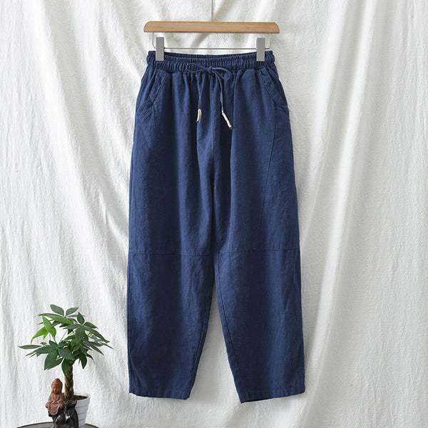 Women Linen and Cotton Causal Loose Cropped Drawstring Capris