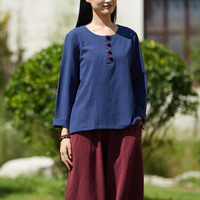 Autumn NEW! Women Retro Style Linen and Cotton Pure Color Top Buckle T-Shirt
