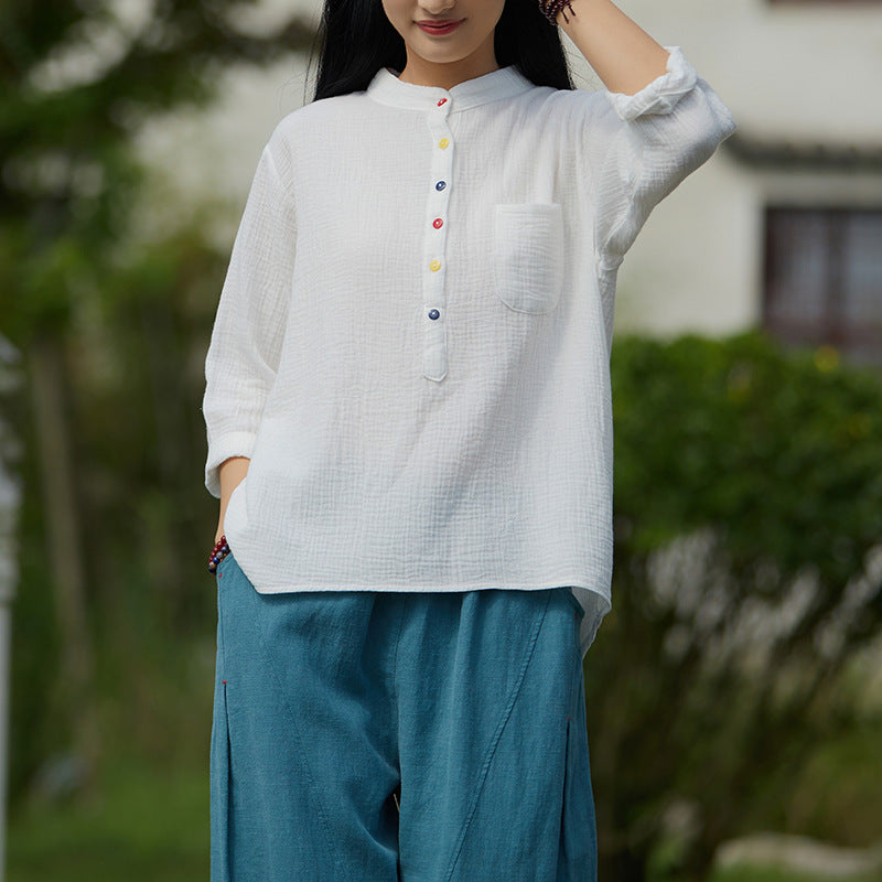 Autumn NEW! Women Simple Light Style Linen and Cotton Pure Color Top Buckle Wrinkled Blouse Shirt