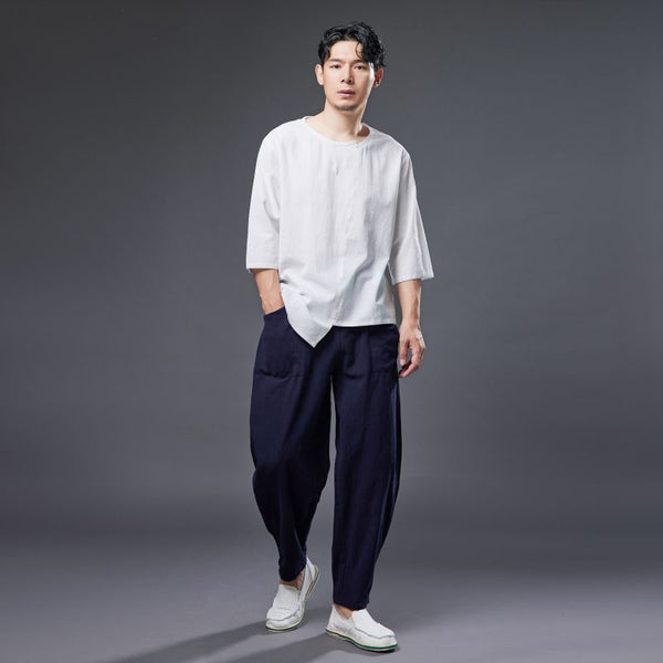 2022 Summer NEW! Men Pure Color Linen and Cotton Middle Sleeve T-Shirts