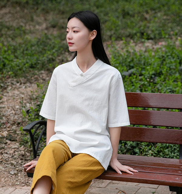 Women Asian Style Linen and Cotton Middle Sleeves Chinese Blouse