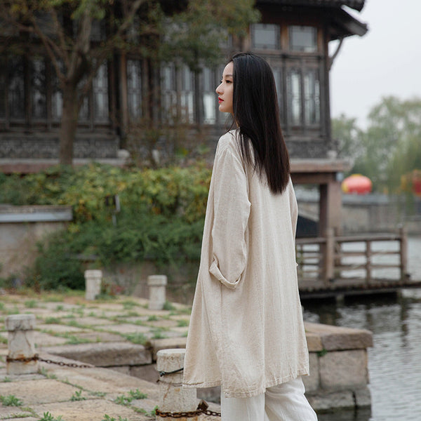 Women Round Collar Asian Style Linen and Cotton Long-sleeved Coat