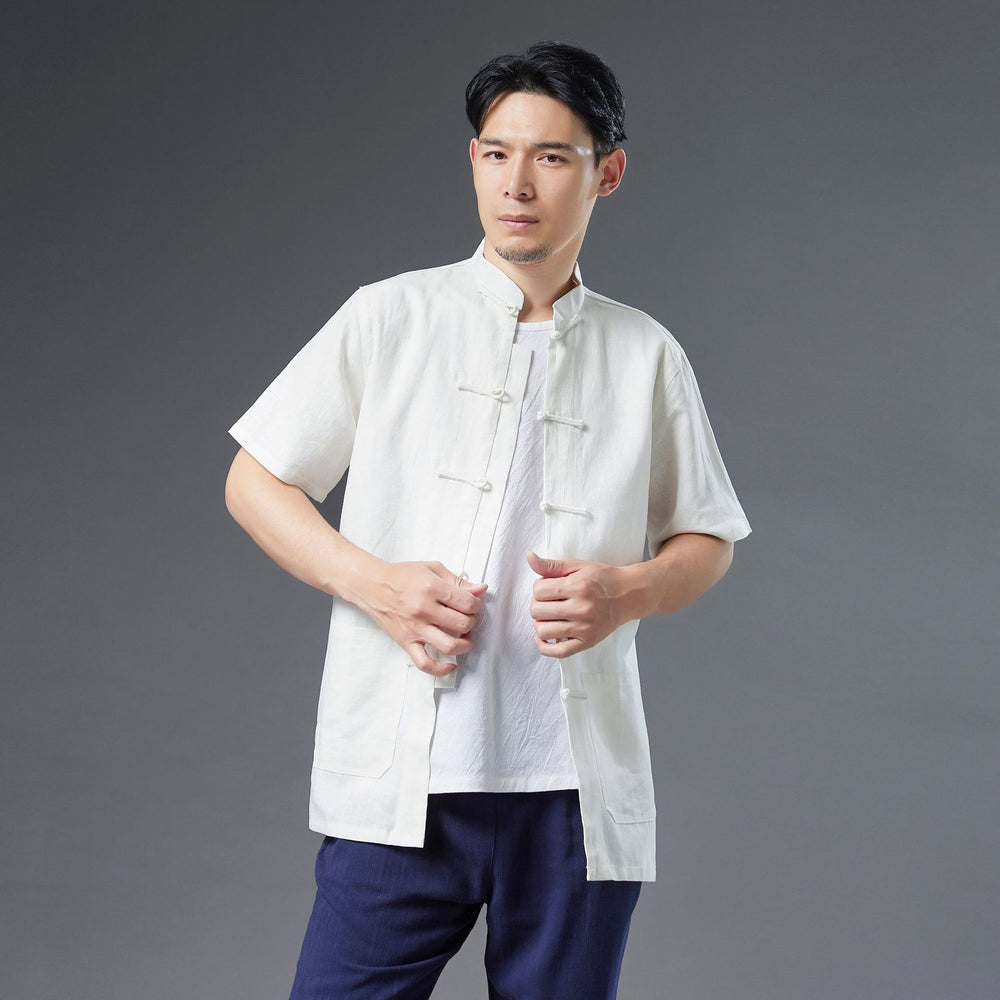 Men Retro Style Linen and Cotton Short Sleeve Pure Color Cardigan Shirts