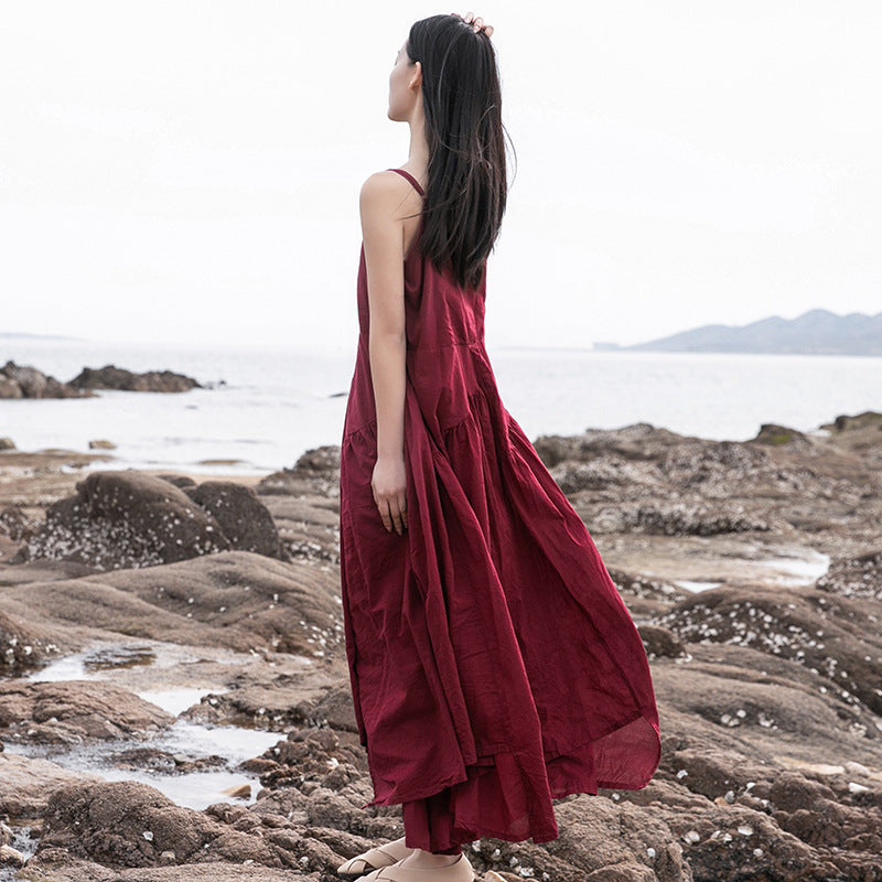 Women Loose Linen and Cotton Pure Color Slip Dress Black Women Loose Linen and Cotton Pure Color Slip Dress Black