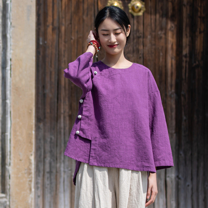 Summer NEW! Women Chinese Ethnic Style Wrinkled Linen and Cotton Bracelet Sleeves Shirt