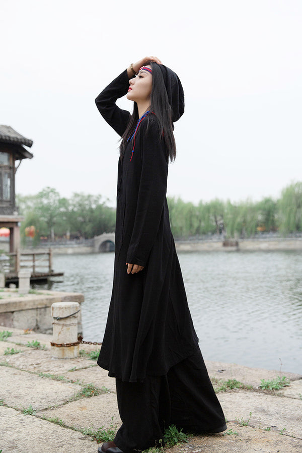 Women Assassin Style Linen and Cotton Long Sleeves Thin Tunic Dress