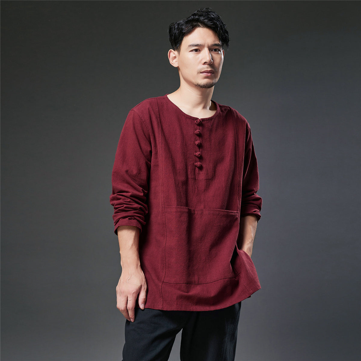 Autumn NEW! Men Retro Style Linen and Cotton Pullover Long Sleeve T-shirt
