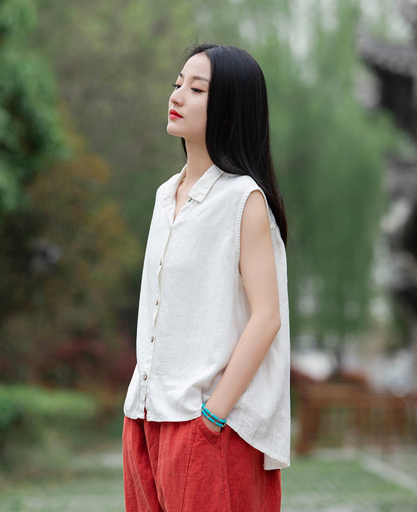 Women Sand-Washed Linen and Cotton Long Sleeveless Shirt