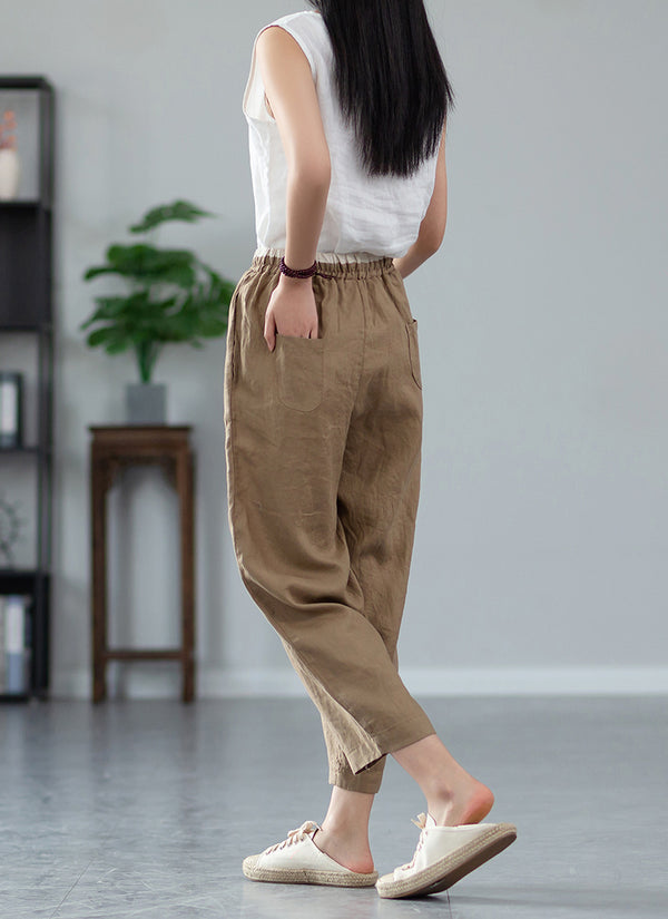 2022 Summer NEW! Women Retro Style Linen and Cotton Waist Belt Cropped Pegged Pants