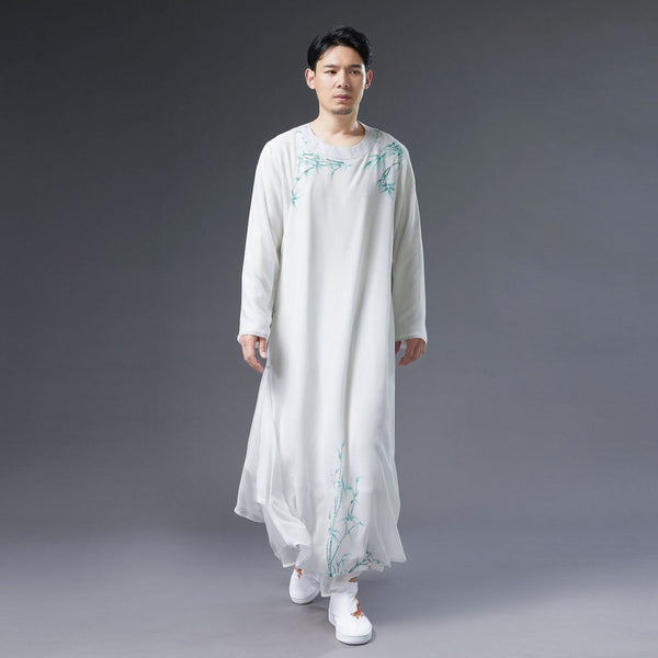 Men Classic Asian Style Linen Long Sleeve Round Neck Bamboo Printed Cheongsam