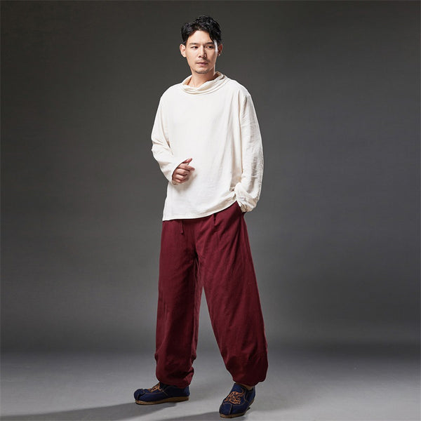 2021 Autumn NEW! Men Retro Style Linen and Cotton Loose Quilted Drawstring Pants