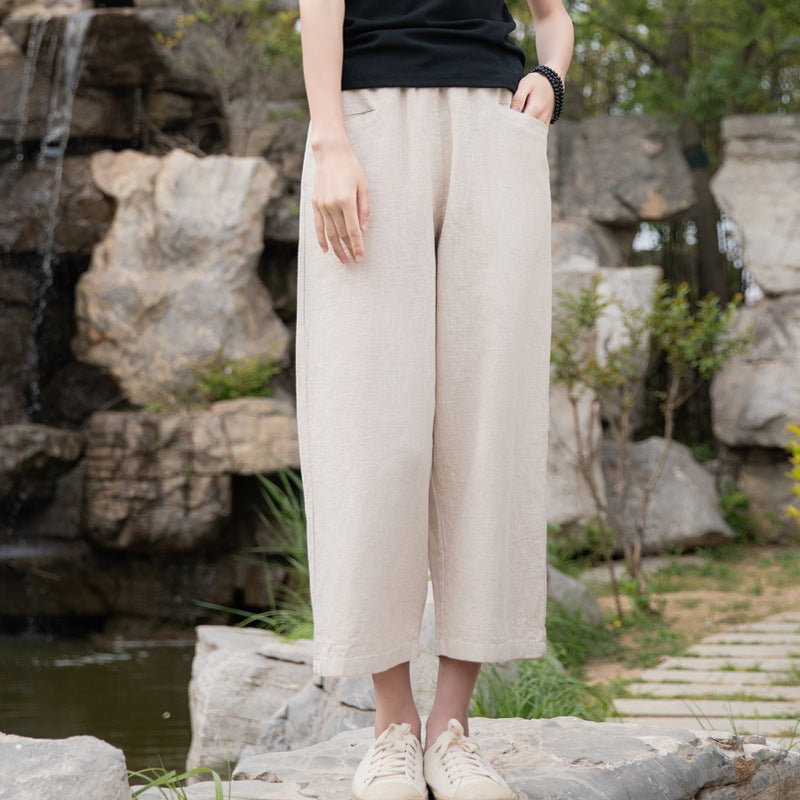 Summer NEW! Women Causal Style Linen and Cotton Straight Leg Trousers