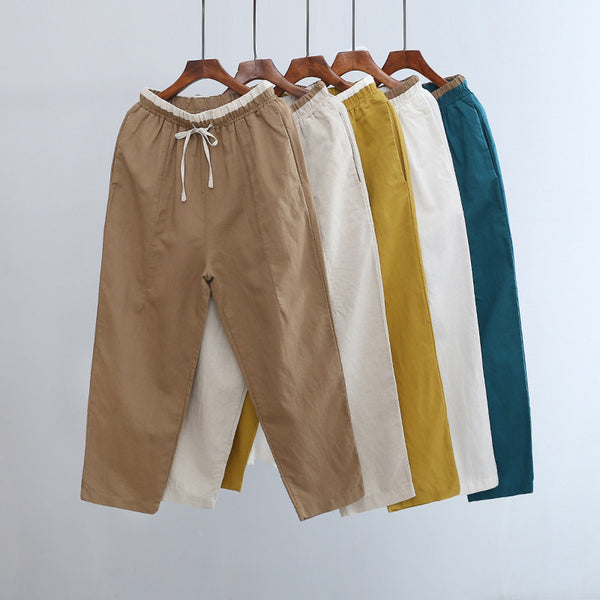 2022 Summer NEW! Women Retro Style Linen and Cotton Waist Belt Cropped Pegged Pants