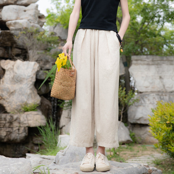 2022 Summer NEW! Women Retro Style Sand Washed Linen and Cotton Wide Leg Pants