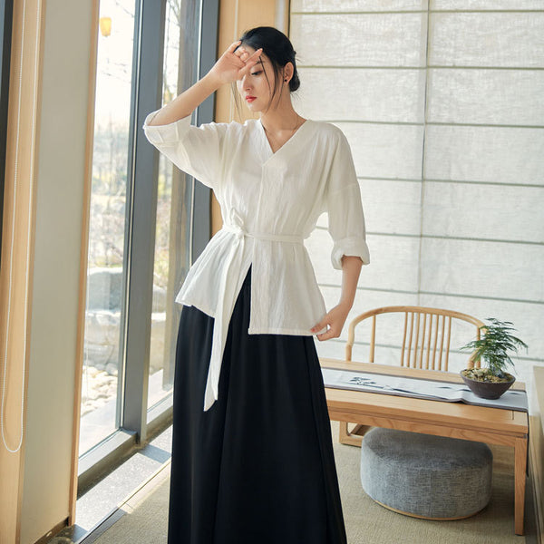 2022 Summer NEW! Women Modern Style Linen and Cotton V-necked Shirt