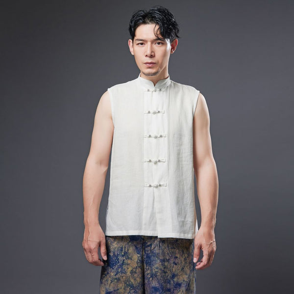 2022 Summer NEW! Men Ethnic Style Linen and Cotton Middle Buckle Vest