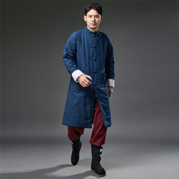 2021 Winter NEW! Men Retro Chinese Style Linen and Cotton Quilted Long Tunic Coat