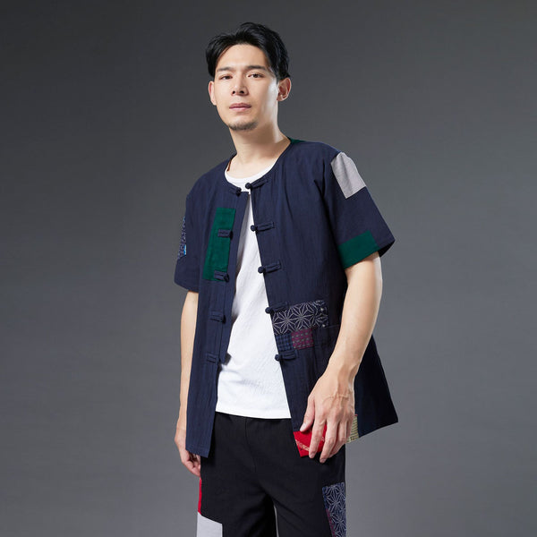 Men Retro Style Linen and Cotton Short Sleeve Patchwork Cardigan Shirts