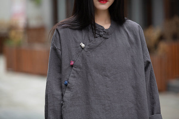 Women Round Collar Zen Style Linen and Cotton Long Sleeves Side Cardigan Shirt