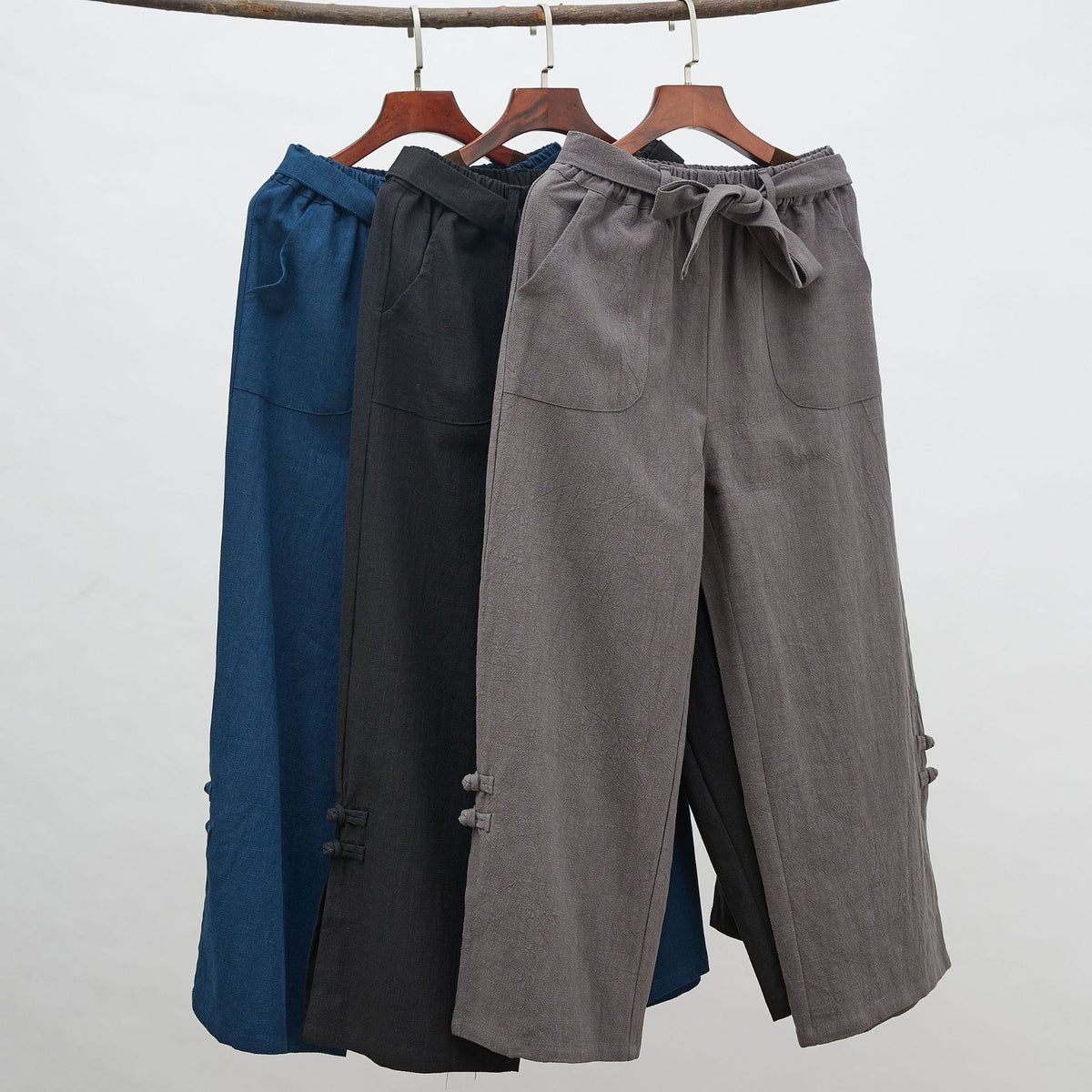 Autumn NEW! Men Retro Style Linen and Cotton Drawstring Wide Leg Cropped Pants